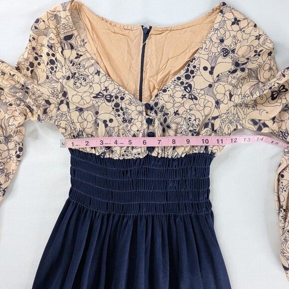 VTG Cream Blue Smocked Waist Animals Floral Novelty Print Bell Sleeve Mini Dress - Picture 4 of 7